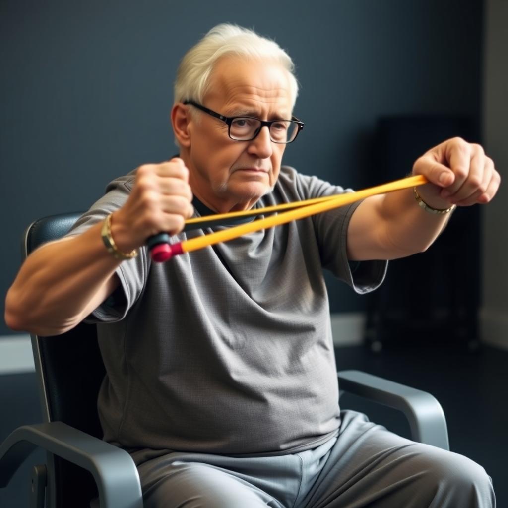 Senior building strength with a resistance band workout.