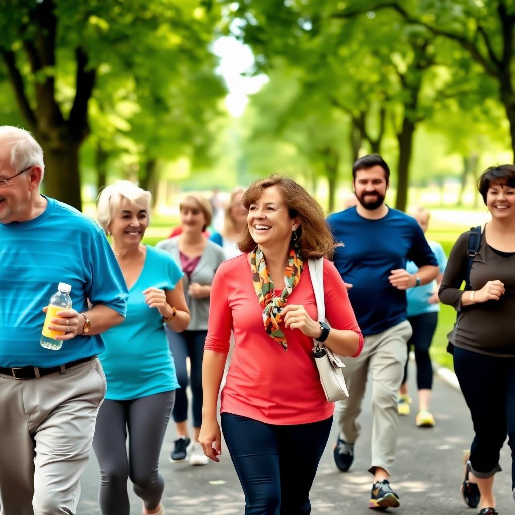 A community walking group enjoying a sunny day in a park