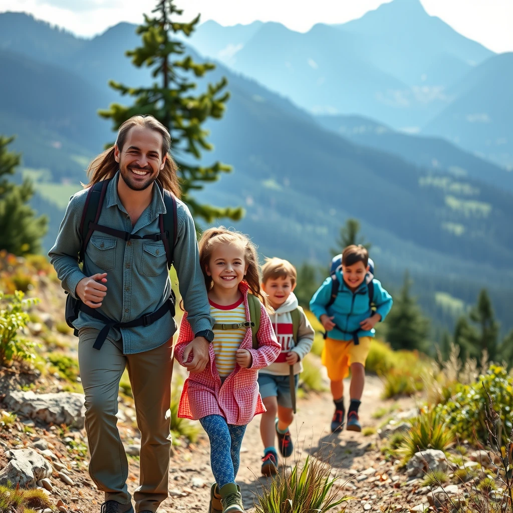Family enjoying a hike together on a mountain trail
