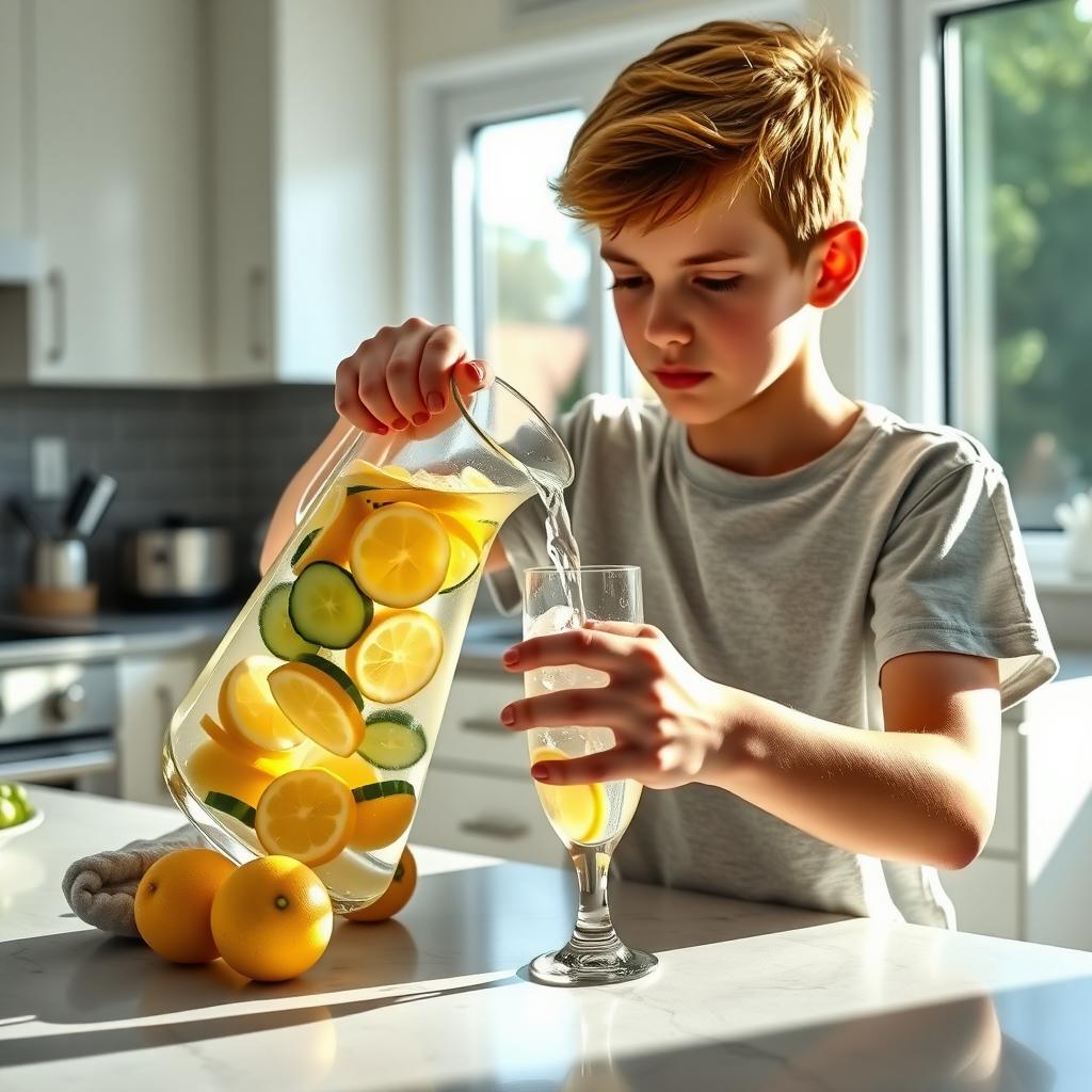 Teen boy pouring infused water in a bright kitchen