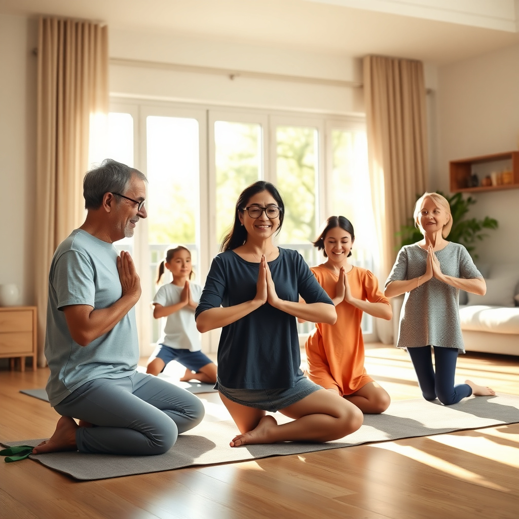 Multigenerational family enjoying a yoga session at home