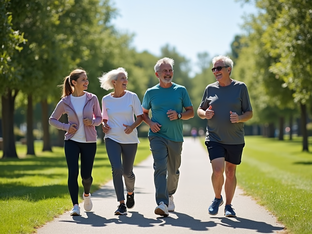 Seniors enjoying a brisk walk in a park as a low-impact cardio workout.