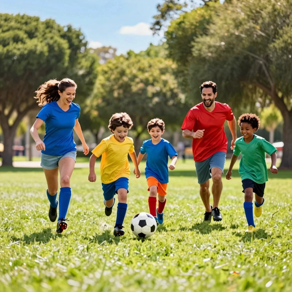 Family playing soccer together in a park