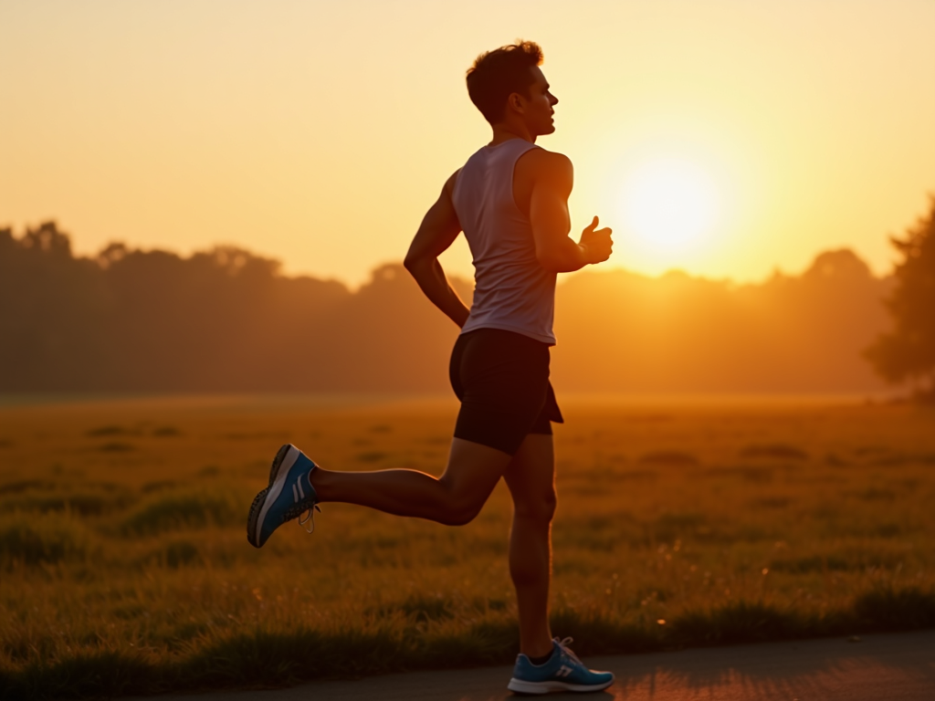 Runner stretching their quad after a run in a field.
