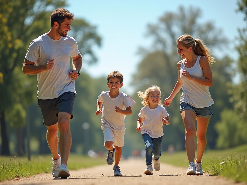 A family jogging together in a park, enjoying their time together.