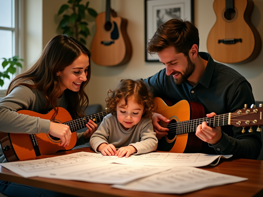 Family learning to play guitar together