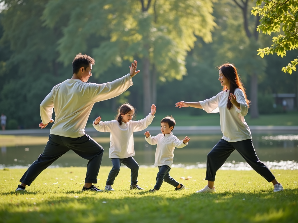 A family practicing tai chi together in a park