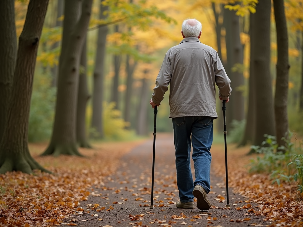 Senior walking on a forest trail