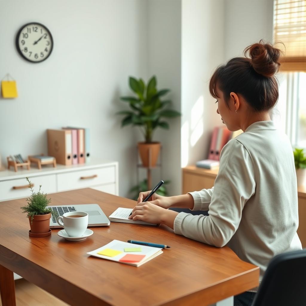 A person writing in a journal at a tidy desk with a cup of tea and a plant.