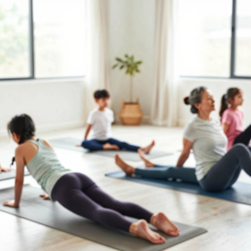 Family doing yoga at home in the living room