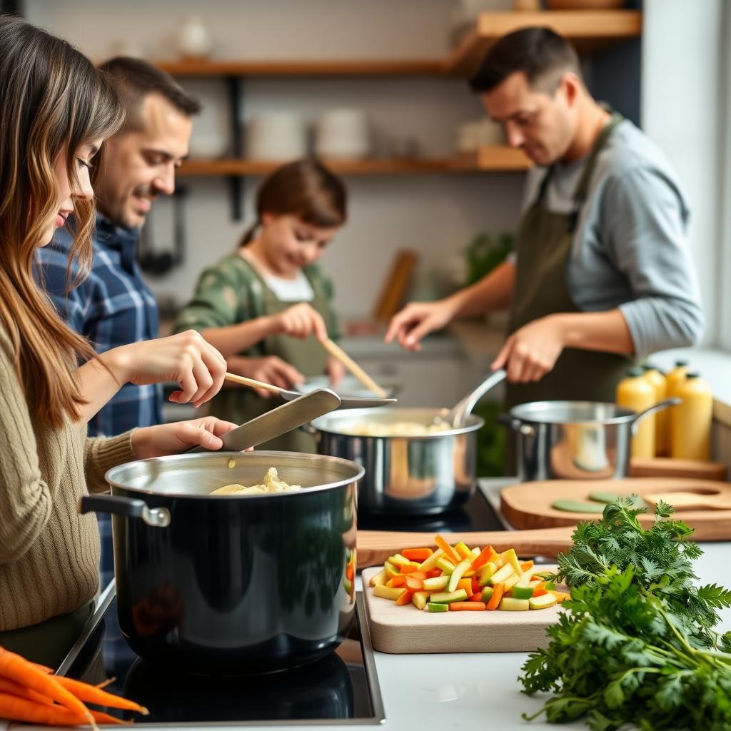 Family members cooking together, demonstrating how routines can enhance bonding and healthy habits.