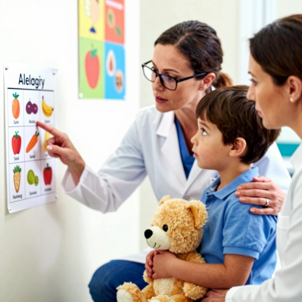 Allergist explaining food allergies to a young child and parent