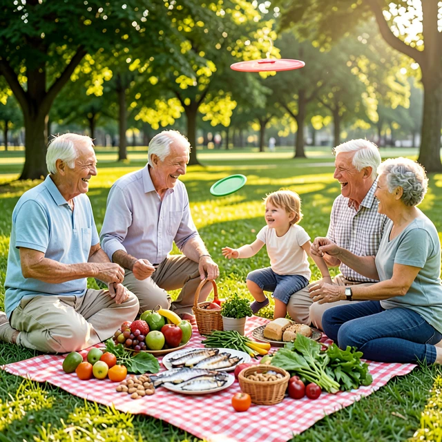 Multigenerational family enjoying nutritious outdoor meals and family fitness activities for all ages
