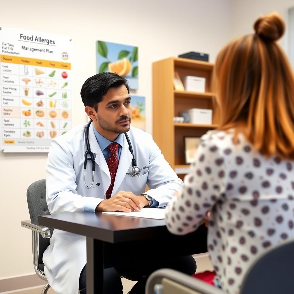 A pediatrician discussing a food allergy management plan with a parent in a modern office, with an allergen chart on the wall.