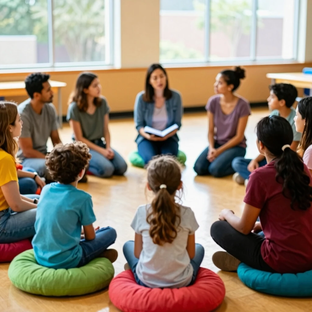 Parents and kids connecting in an FPIES support group, building a network of understanding.