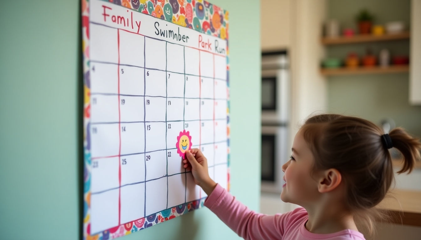 Family exercise schedule on wall calendar