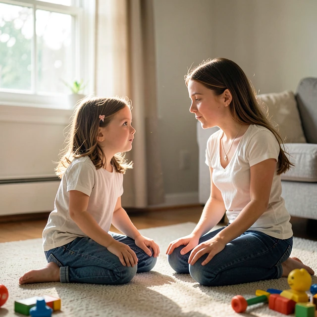 Mother and daughter sharing a mindful breathing exercise at home