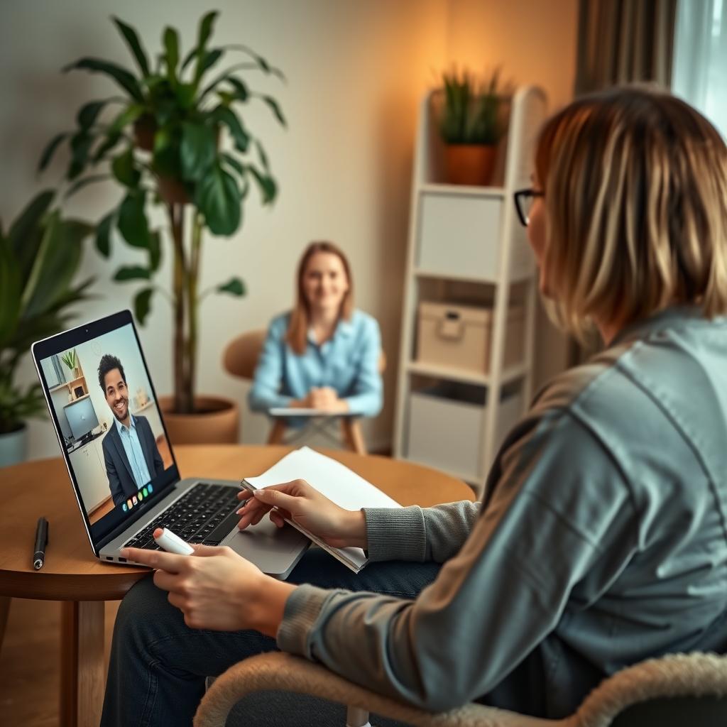 A person in a cozy home office attending a telehealth therapy session on their laptop.