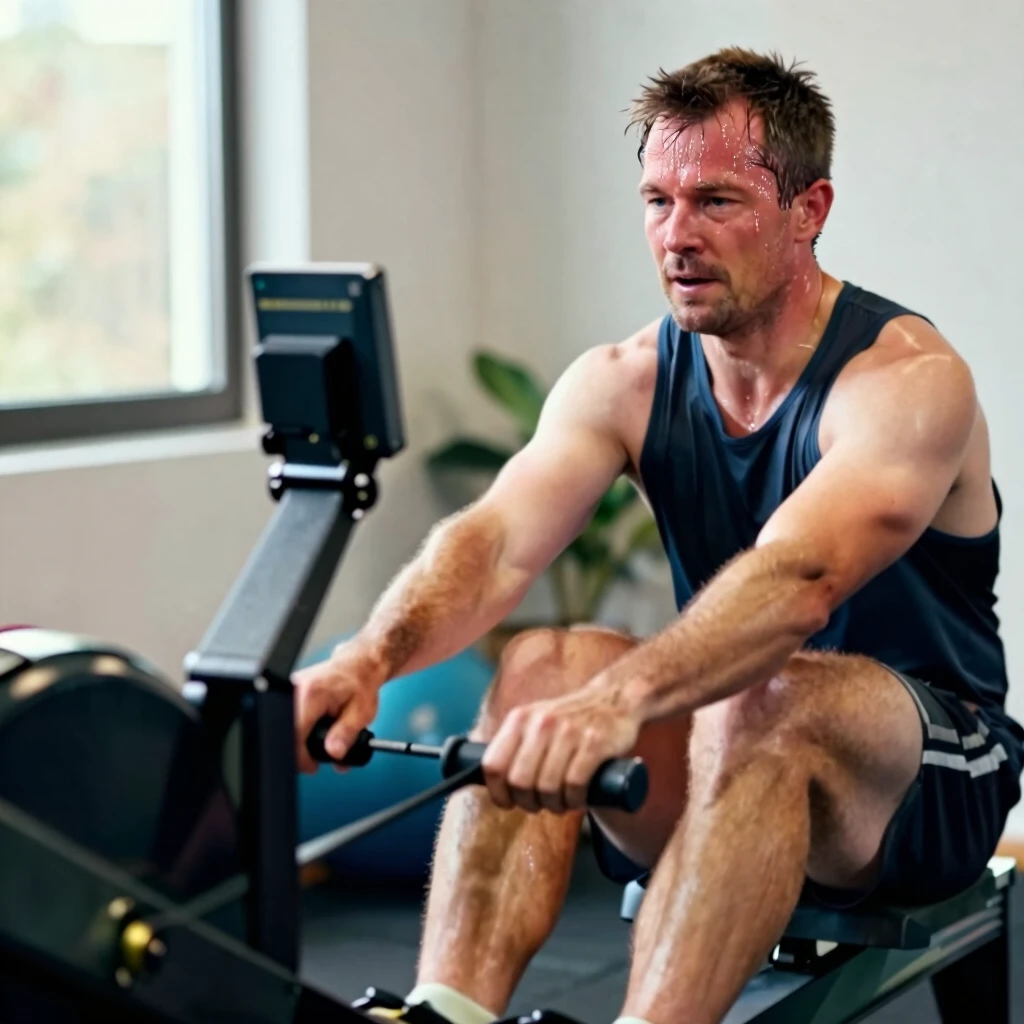 Man rowing on ergometer in home gym
