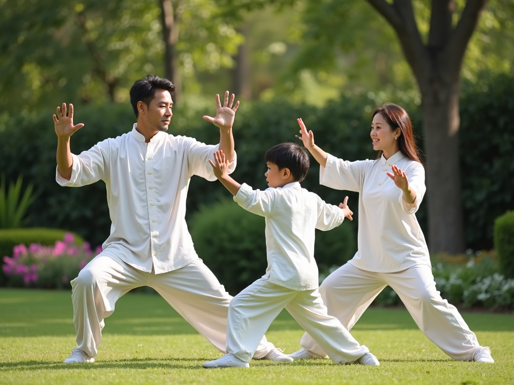 Family engaging in Tai Chi practice together.