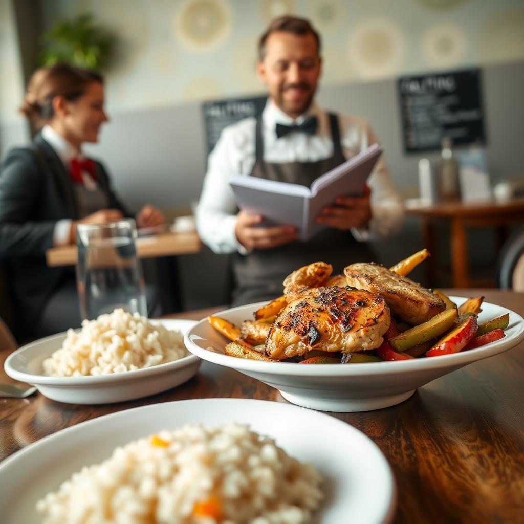 A restaurant table with a plated meal of grilled chicken, roasted vegetables, and rice, with a waiter discussing the menu in the background.