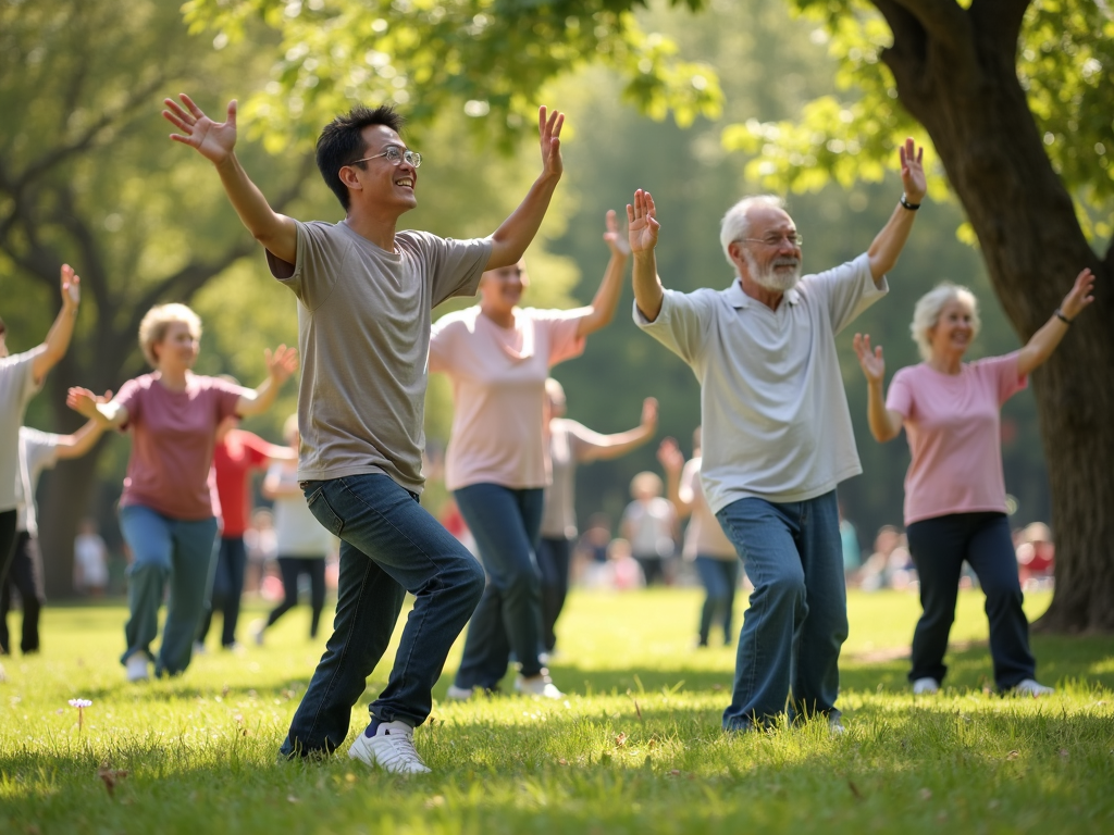 Group of all ages practicing Tai Chi in a park