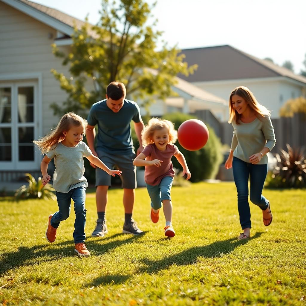 A family playing kickball in a grassy backyard with a child kicking a red ball.