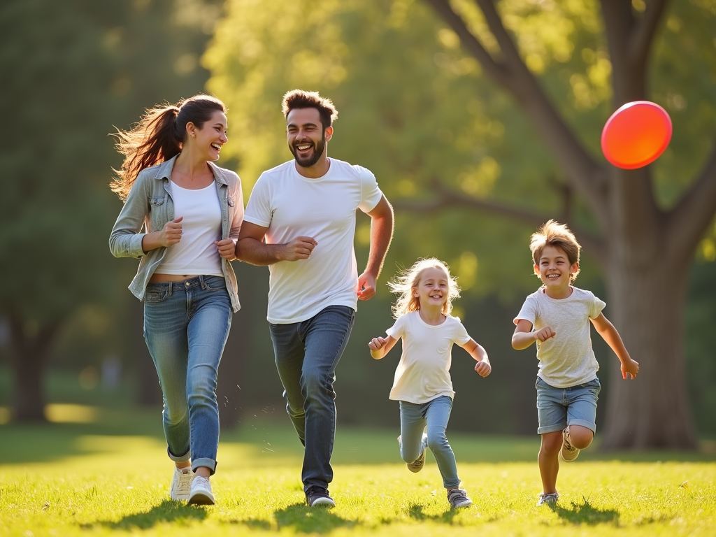 Family exercising together in a park.