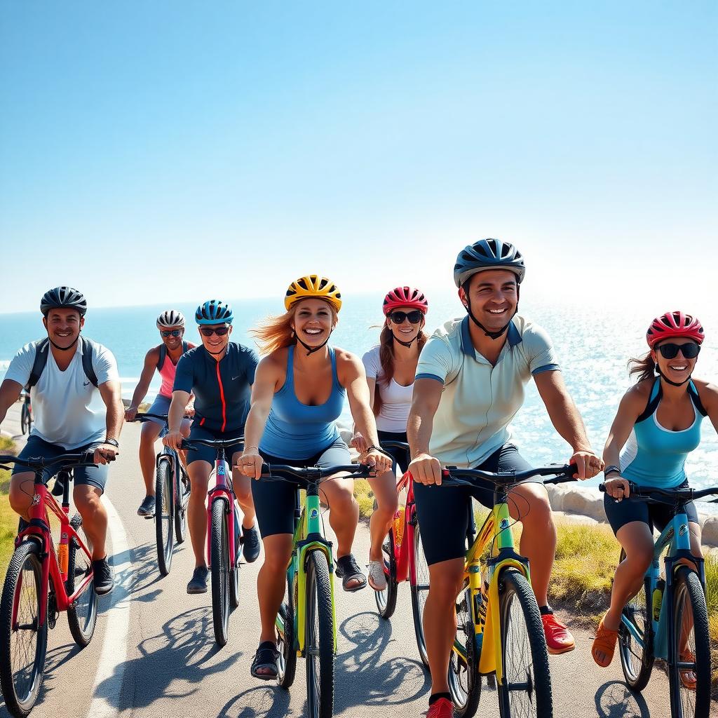 A diverse group of cyclists riding on a coastal bike path, wearing helmets and colorful gear, with the ocean in the background.