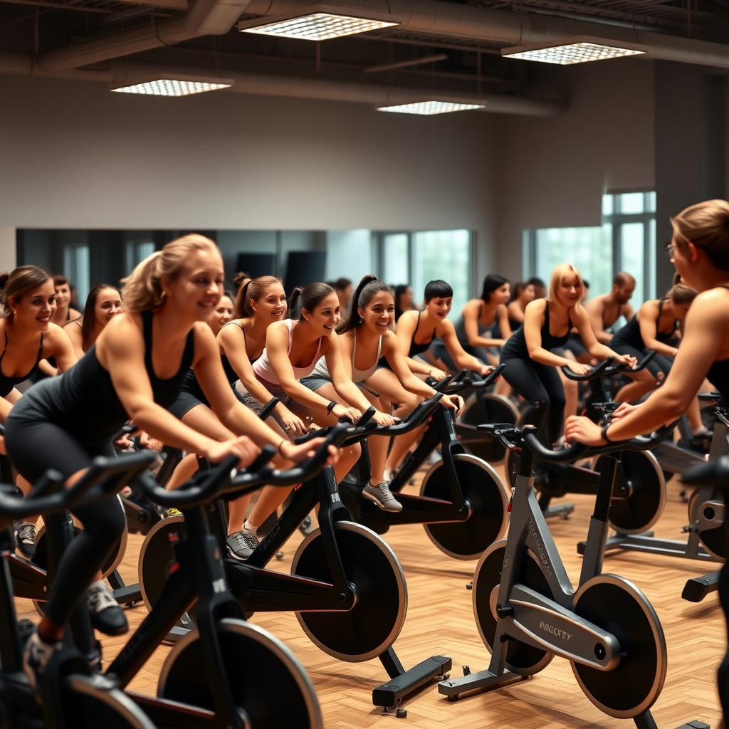 A group of people cycling in an energetic indoor spin class in a modern gym.