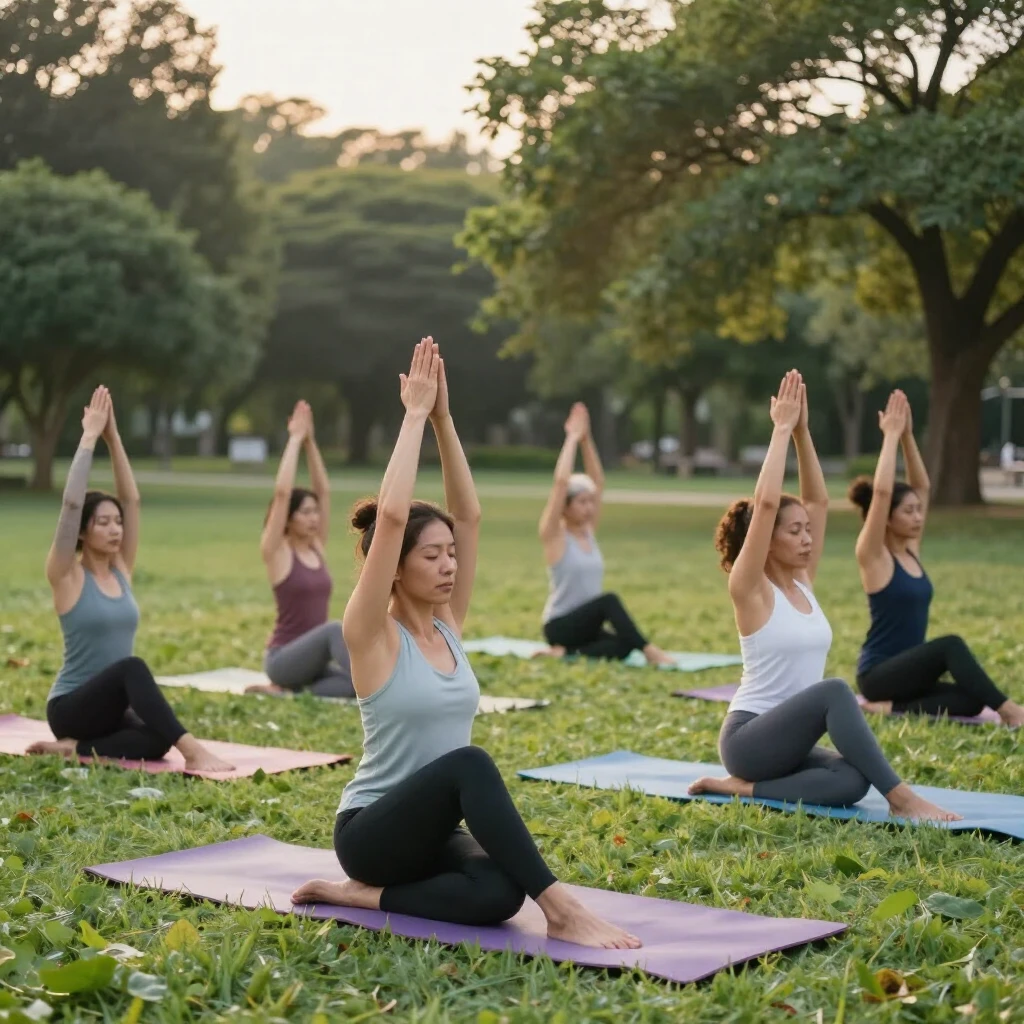 Group engaging in yoga for immune support and fatigue relief