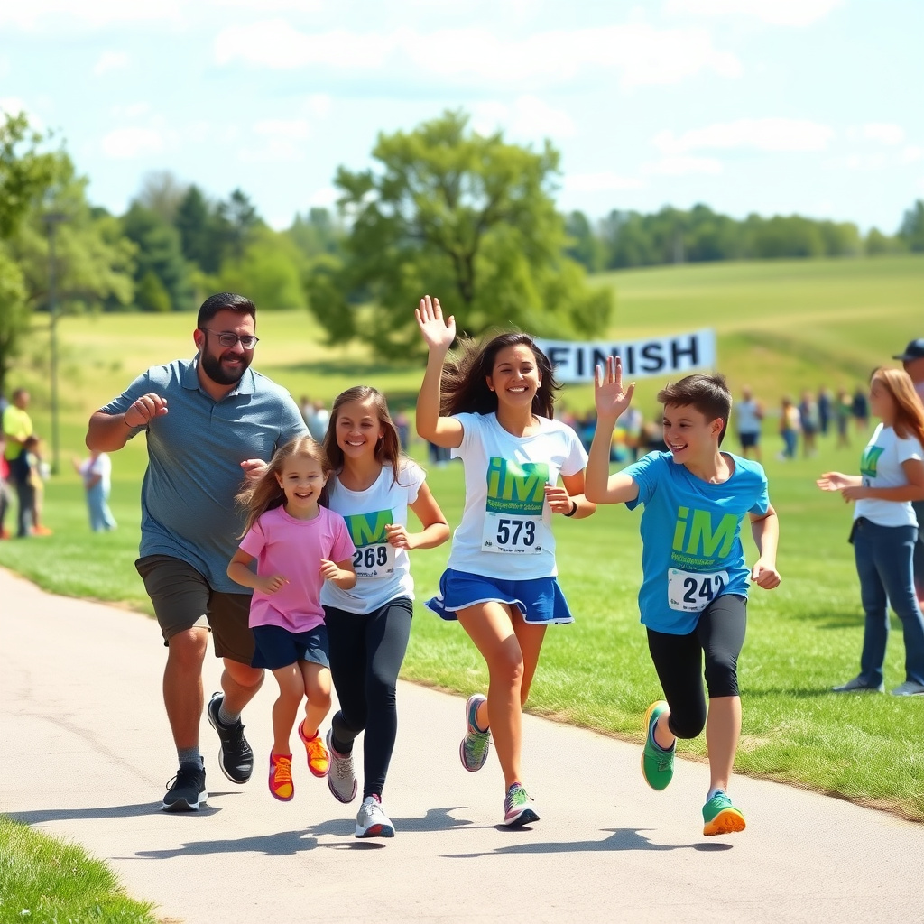 Family laughing and running in a vibrant 5K fun run event