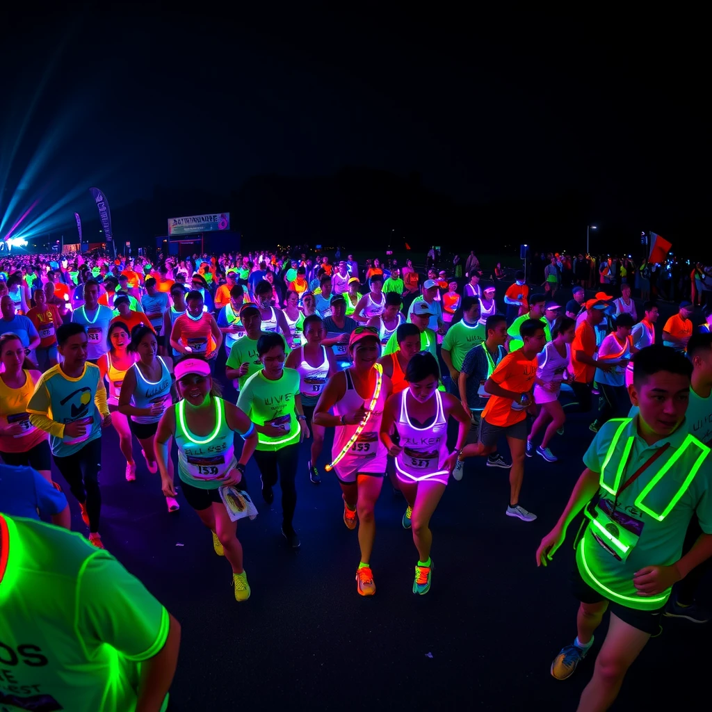 Runners glowing with neon lights and glow sticks during a night time 5K race