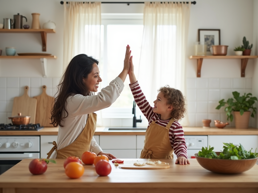 A parent and child celebrating a completed chore with a high-five.