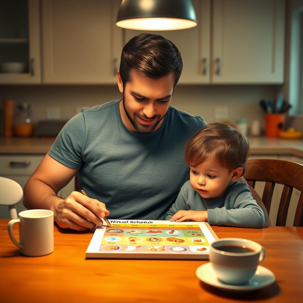 A parent and child review a colorful visual schedule in a cozy kitchen.