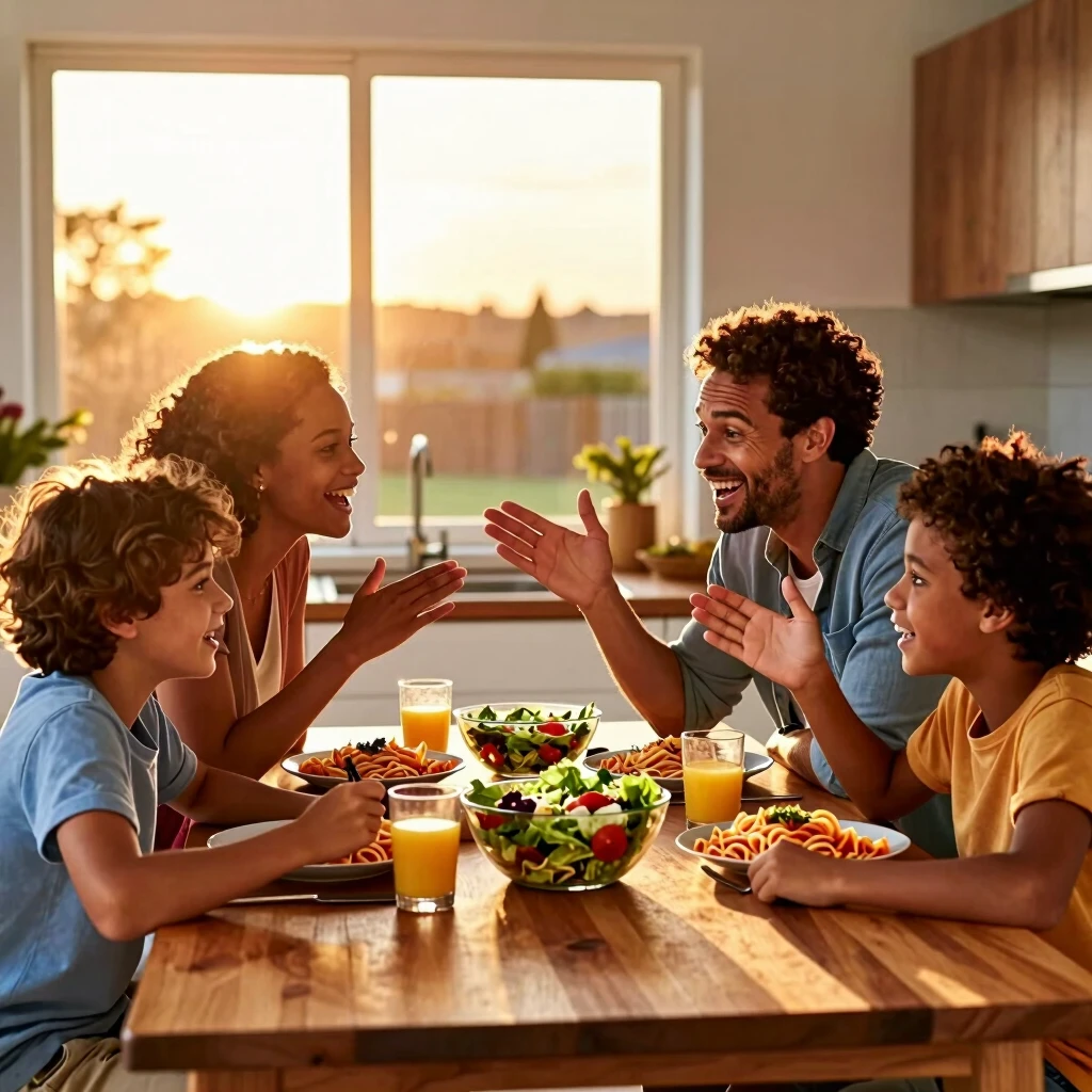 Family enjoying a shared meal at sunset