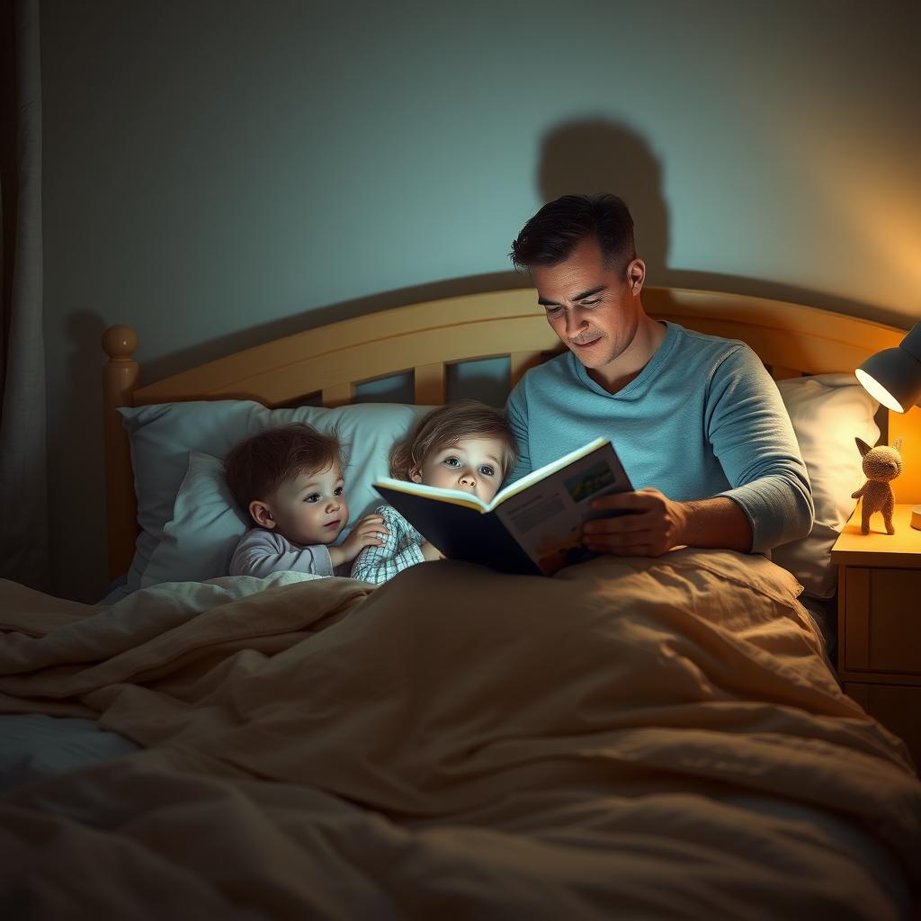 A parent reads a bedtime story to two children in a cozy, softly lit bedroom.