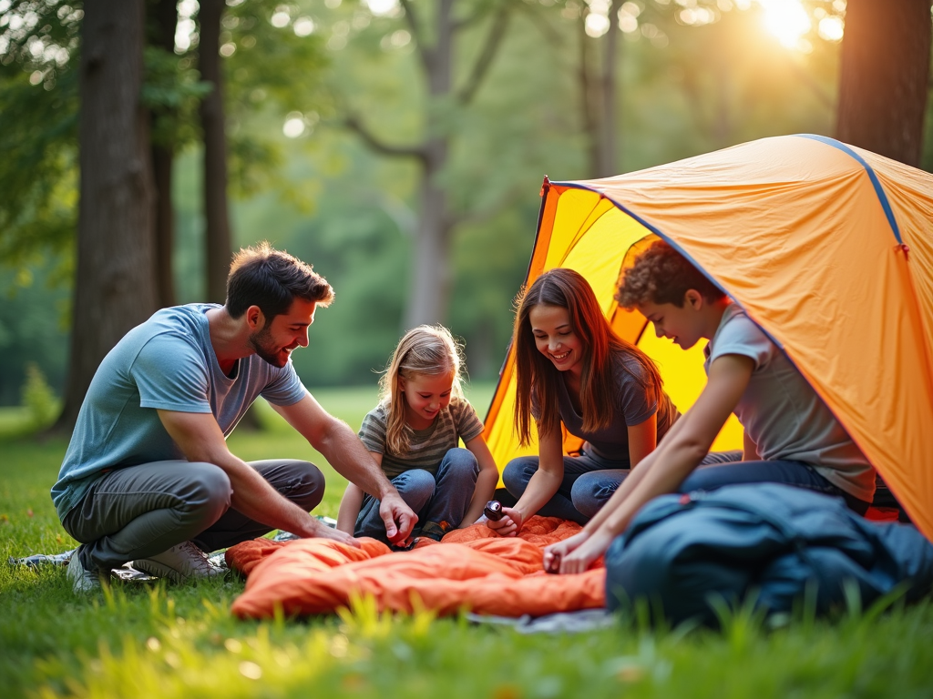 Family setting up a tent in a beautiful campsite.