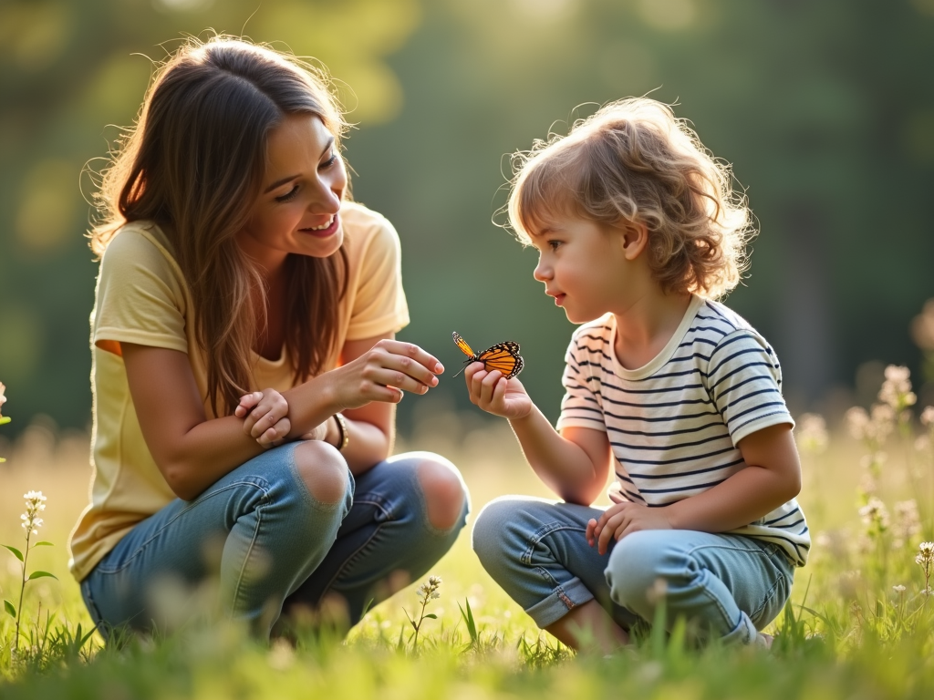 Parent and child observing a butterfly