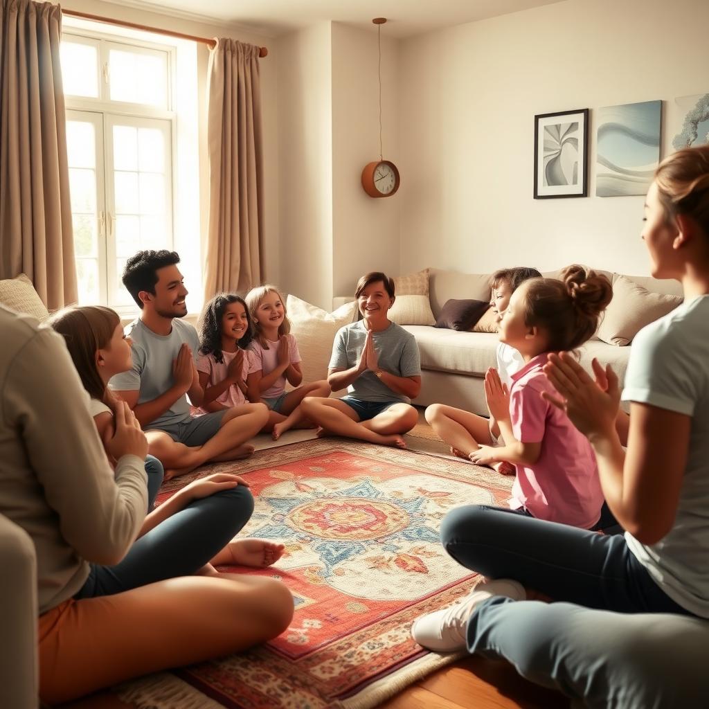 Family practicing mindfulness in a cozy living room with soft lighting