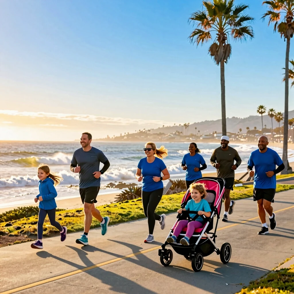Runners enjoying a scenic coastal 5K race at sunrise with ocean views