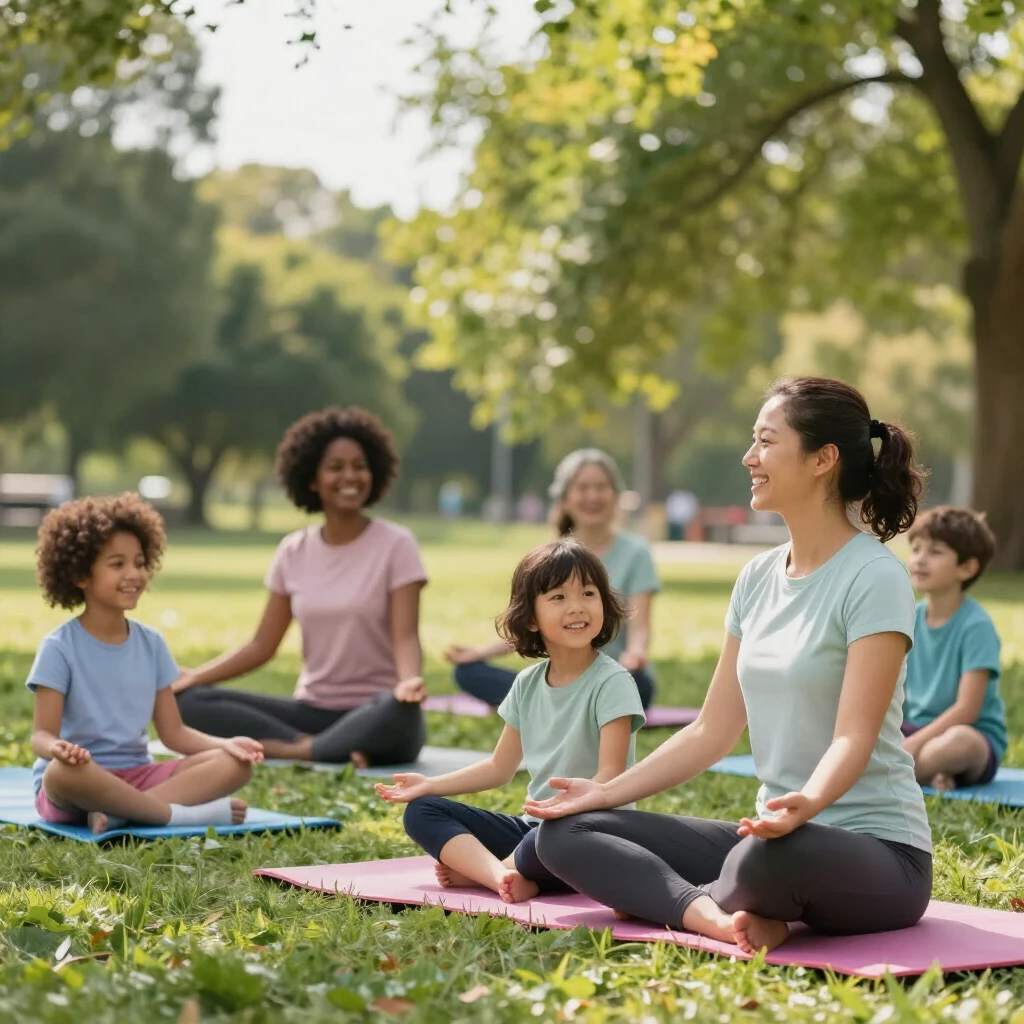 Family enjoying a community yoga class together