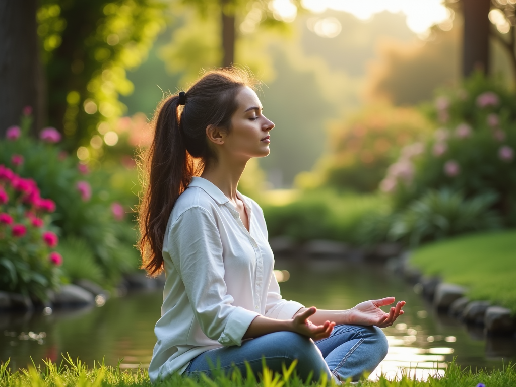 Person practicing mindfulness in a garden.