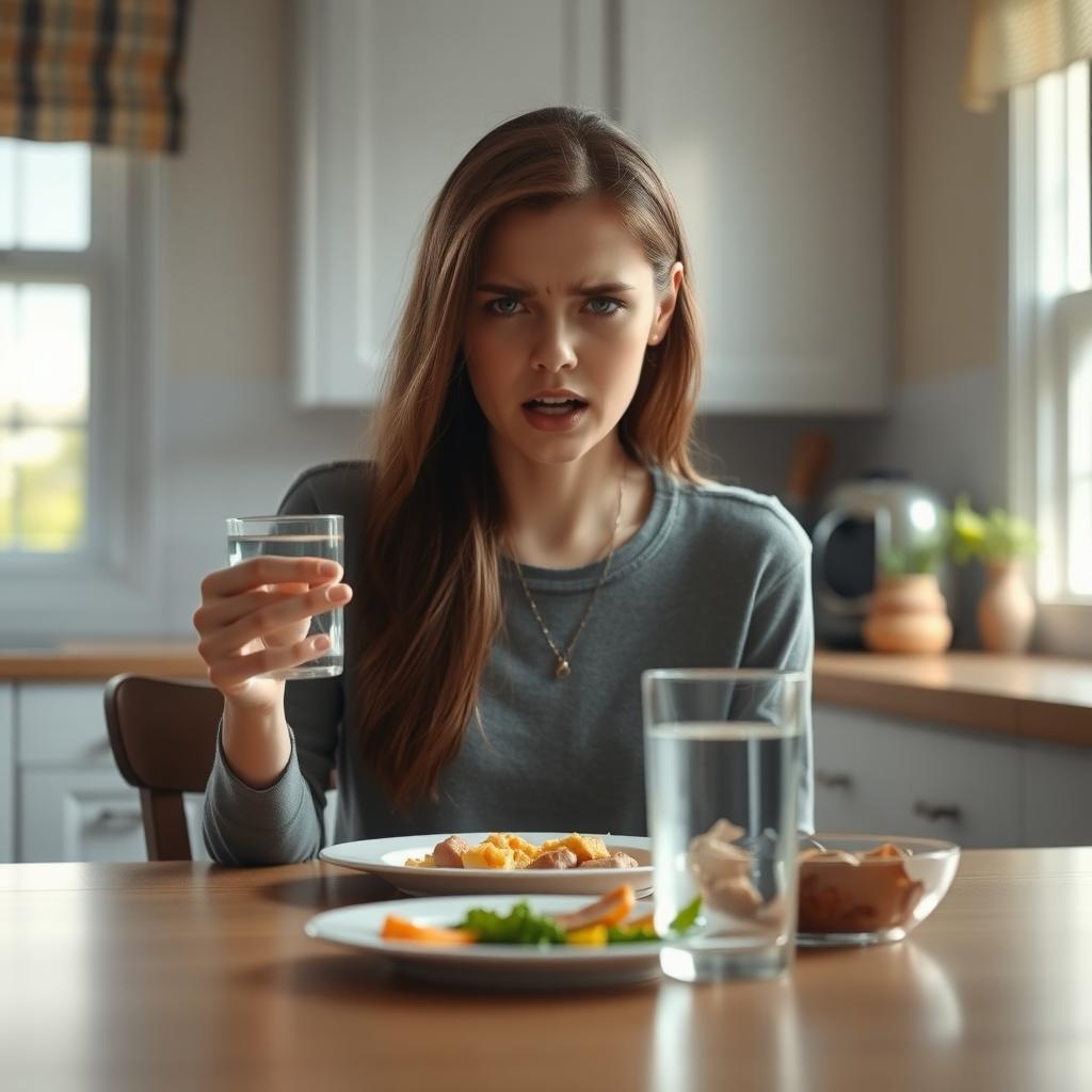 A young woman sits anxiously at a kitchen table with a meal, hesitant to eat due to fear of vomiting.