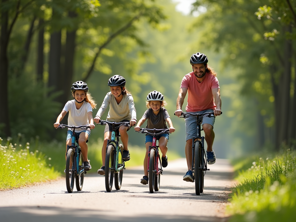 Family biking on sunny trail
