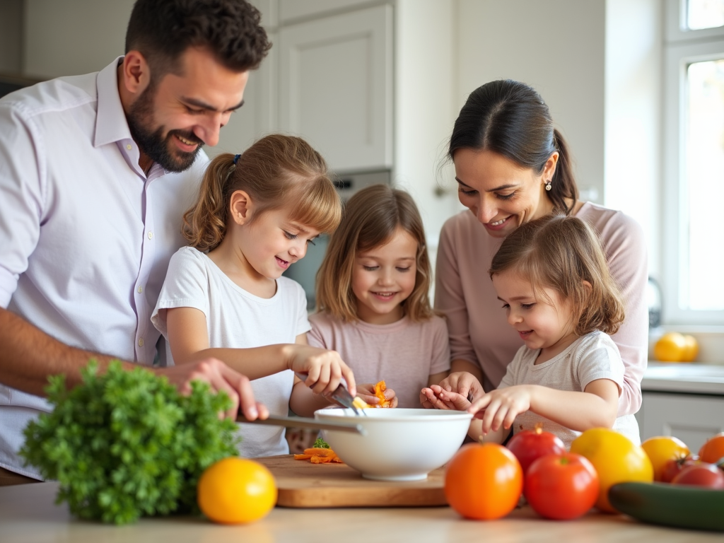 A family cooking together in a bright kitchen.