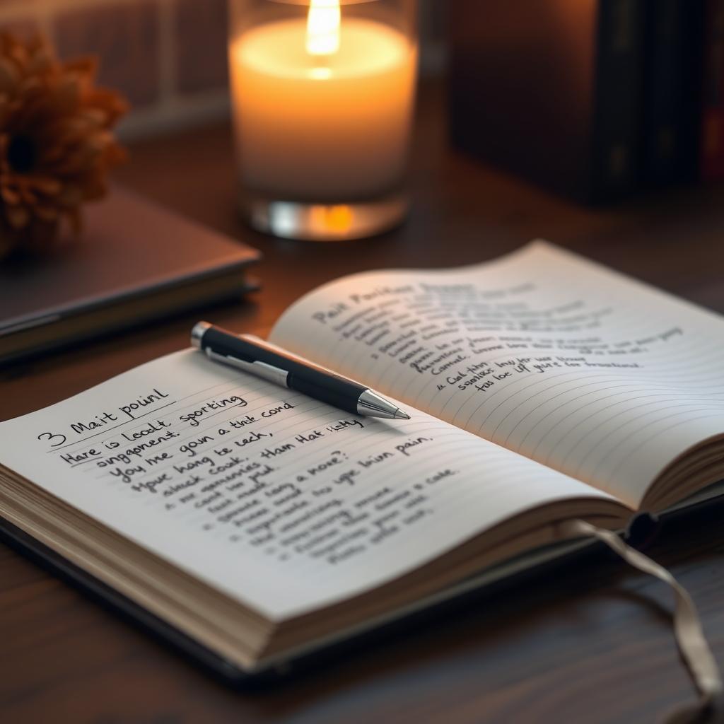 Open journal with pain management notes on a wooden desk with a candle.