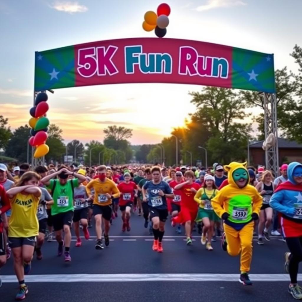 Runners preparing at the starting line of a themed 5K race.