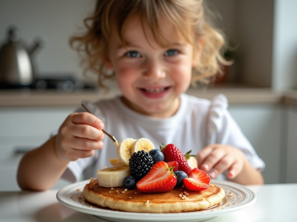 Child enjoying allergy-friendly banana oat pancake.