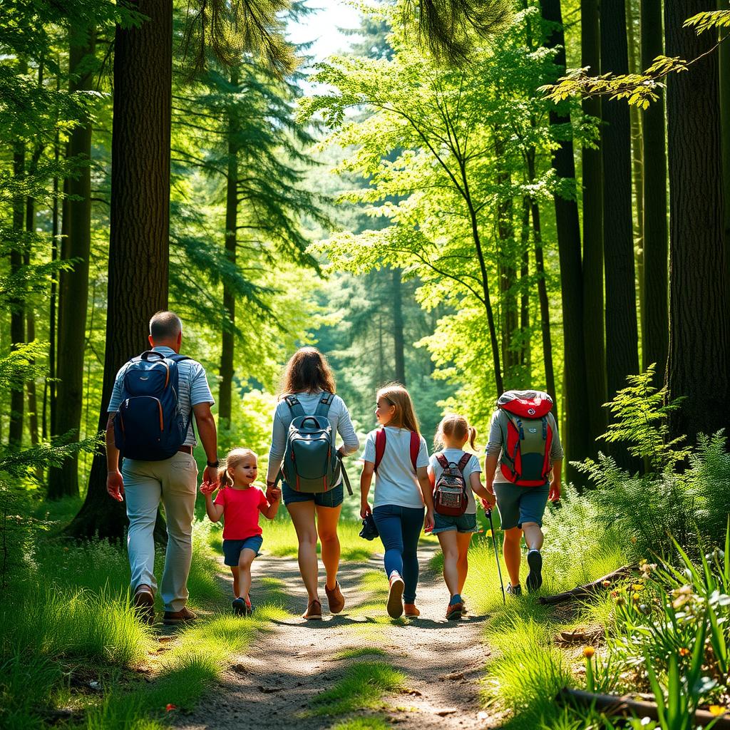 A family of five hiking together on a sunny forest trail, surrounded by tall trees and wildflowers.